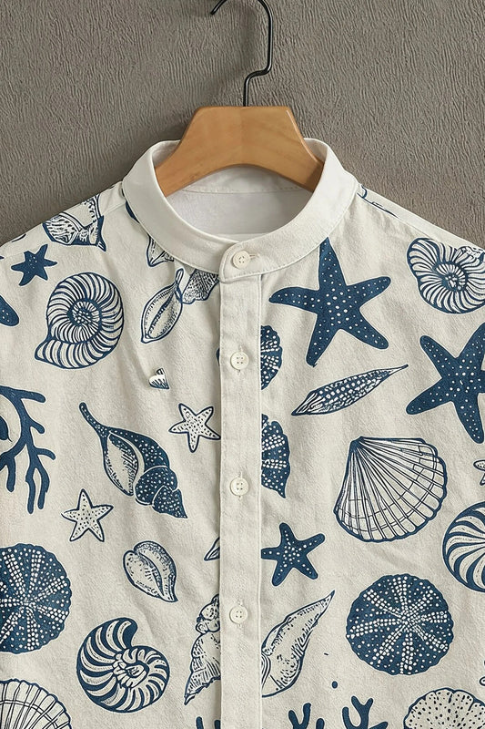 Men's Coastal Seashell Print Cotton Shirt – Mandarin Collar Short Sleeve Casual Wear