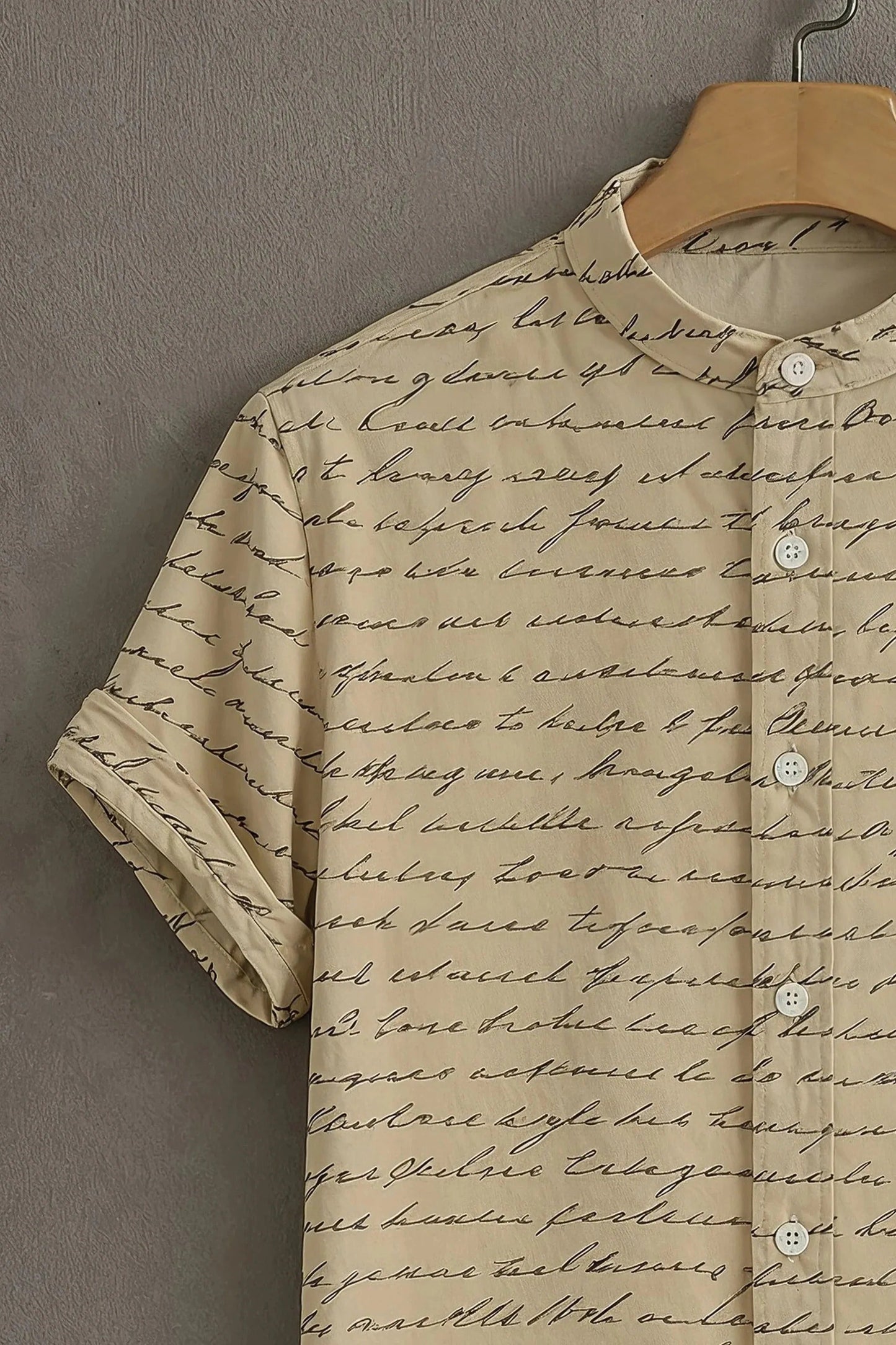 Men's Vintage Script Print Cotton Shirt – Mandarin Collar Short Sleeve Casual Wear