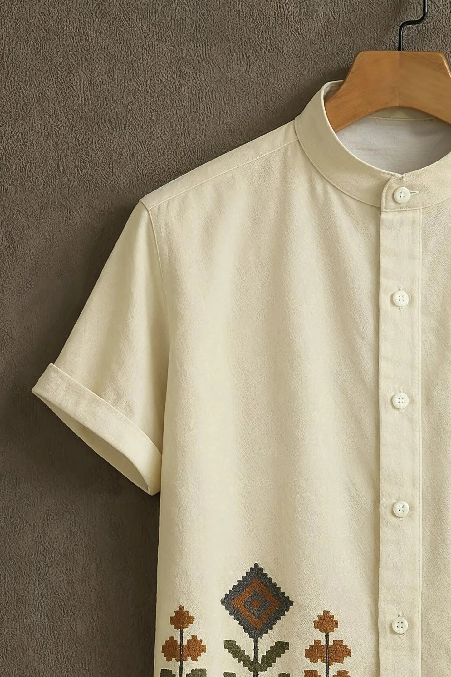 Men's Premium Embroidered Cotton Shirt – Mandarin Collar Short Sleeve Ethnic Casual Wear