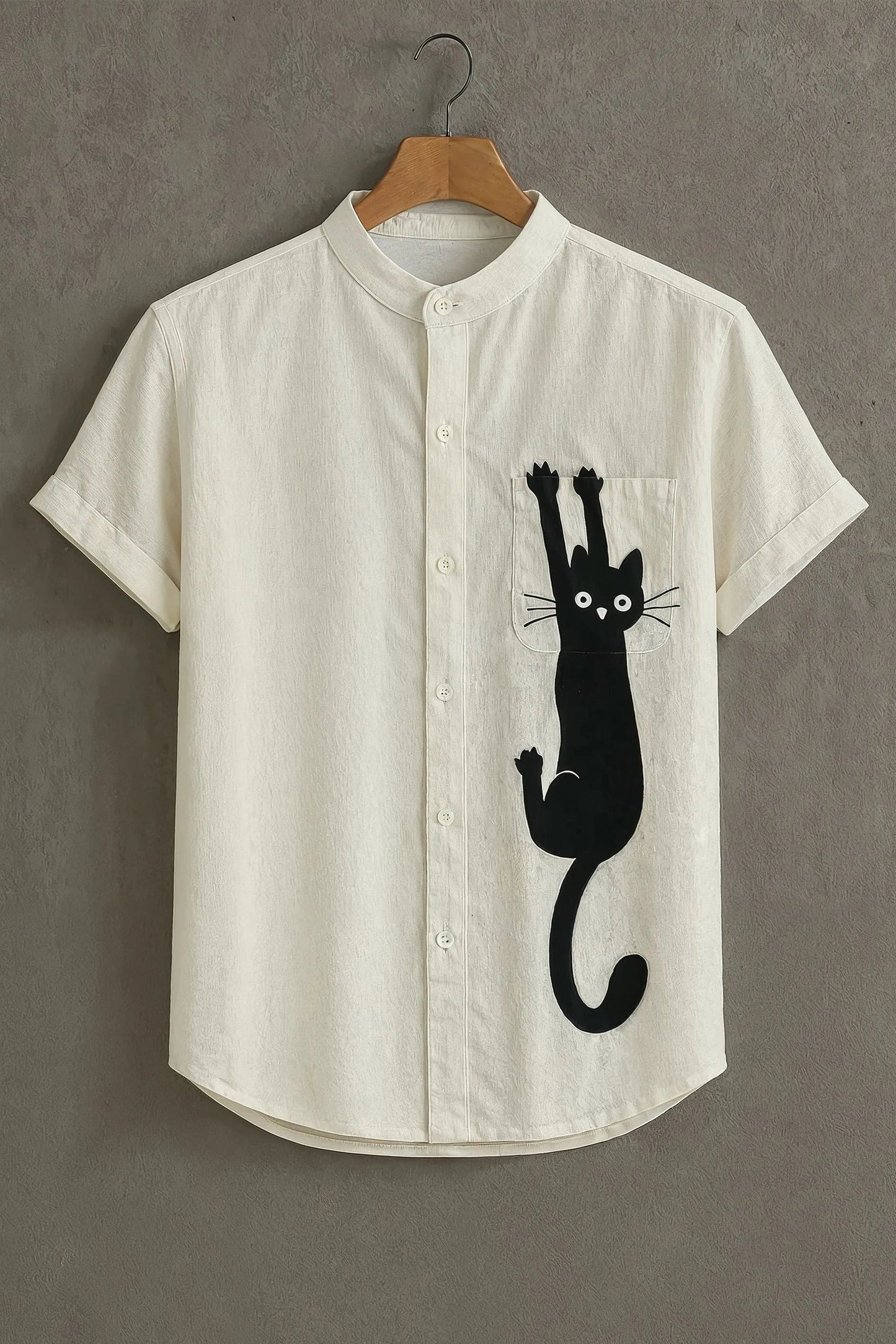 Men's Novelty Cat Print Cotton Shirt – Mandarin Collar Short Sleeve Casual Wear