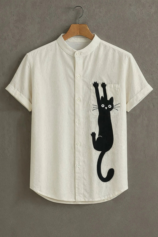 Men's Novelty Cat Print Cotton Shirt – Mandarin Collar Short Sleeve Casual Wear