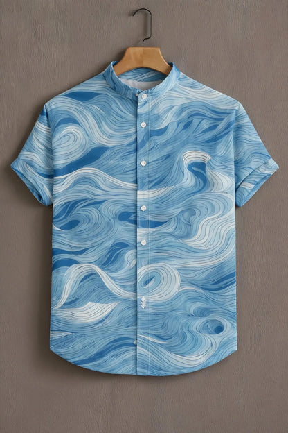 Men's Ocean Wave Print Cotton Shirt – Mandarin Collar Short Sleeve Casual Wear