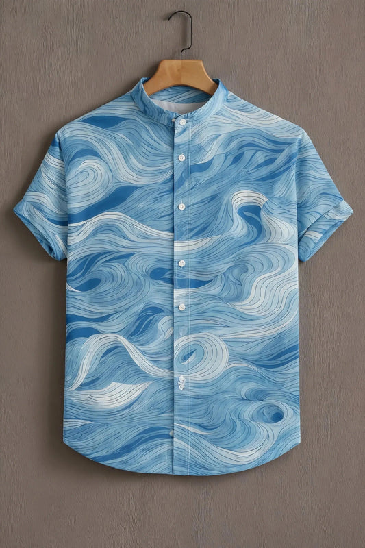 Men's Ocean Wave Print Cotton Shirt – Mandarin Collar Short Sleeve Casual Wear
