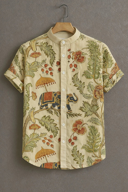 Men's Heritage Elephant Print Cotton Shirt – Mandarin Collar Short Sleeve Casual Wear