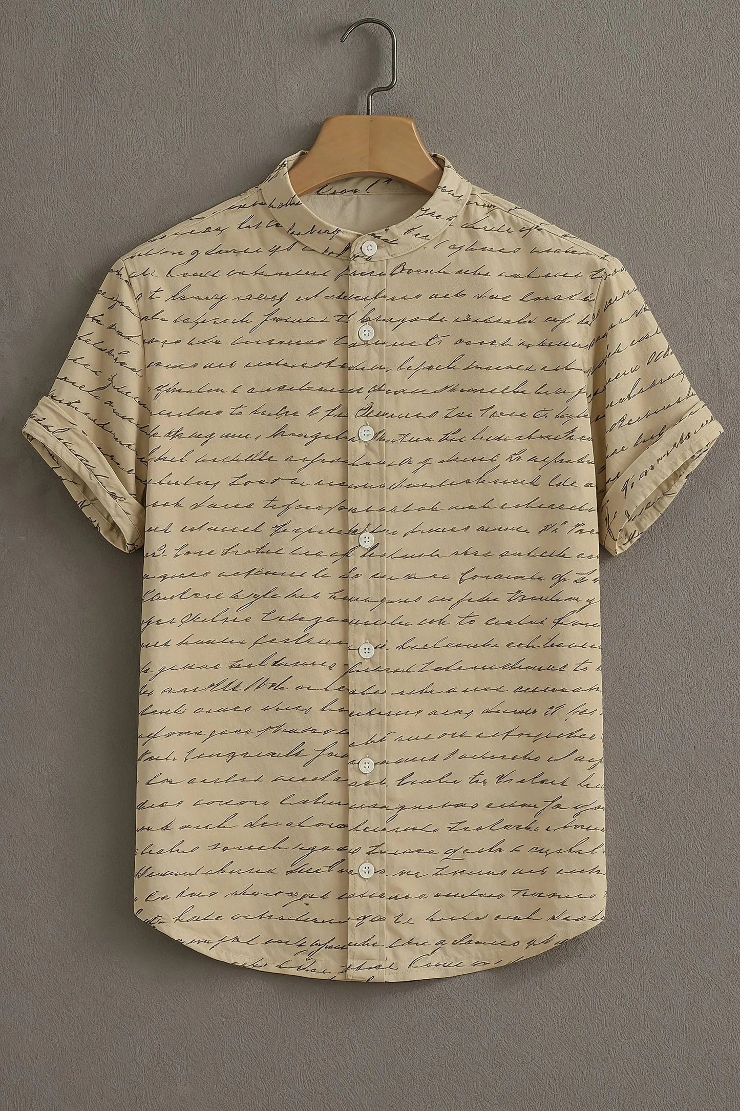 Men's Vintage Script Print Cotton Shirt – Mandarin Collar Short Sleeve Casual Wear