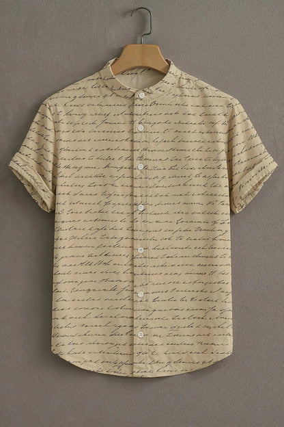 Men's Vintage Script Print Cotton Shirt – Mandarin Collar Short Sleeve Casual Wear