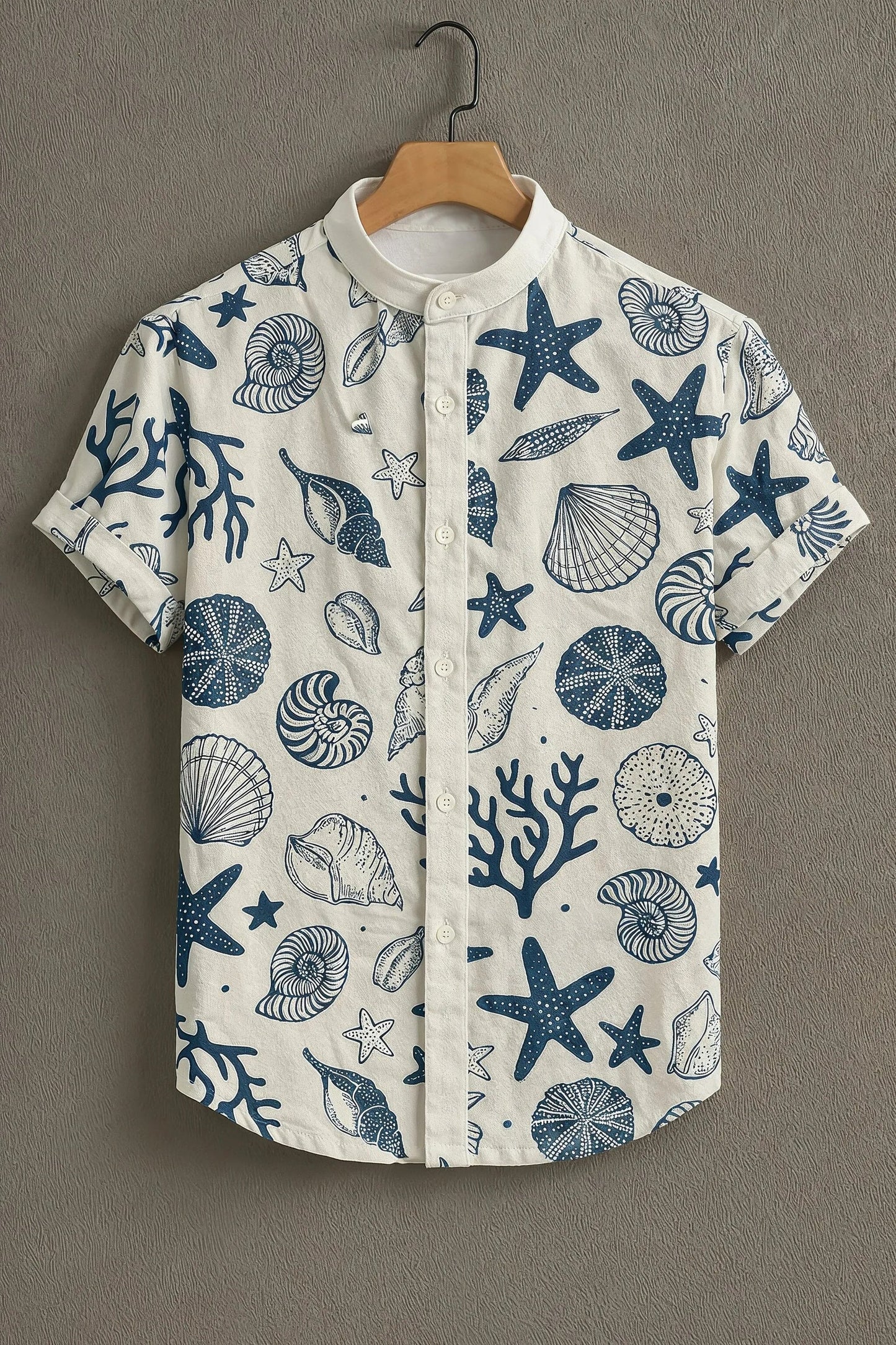 Men's Coastal Seashell Print Cotton Shirt – Mandarin Collar Short Sleeve Casual Wear