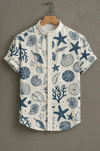 Men's Coastal Seashell Print Cotton Shirt – Mandarin Collar Short Sleeve Casual Wear