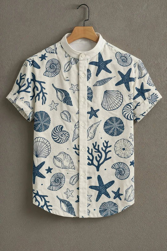 Men's Coastal Seashell Print Cotton Shirt – Mandarin Collar Short Sleeve Casual Wear