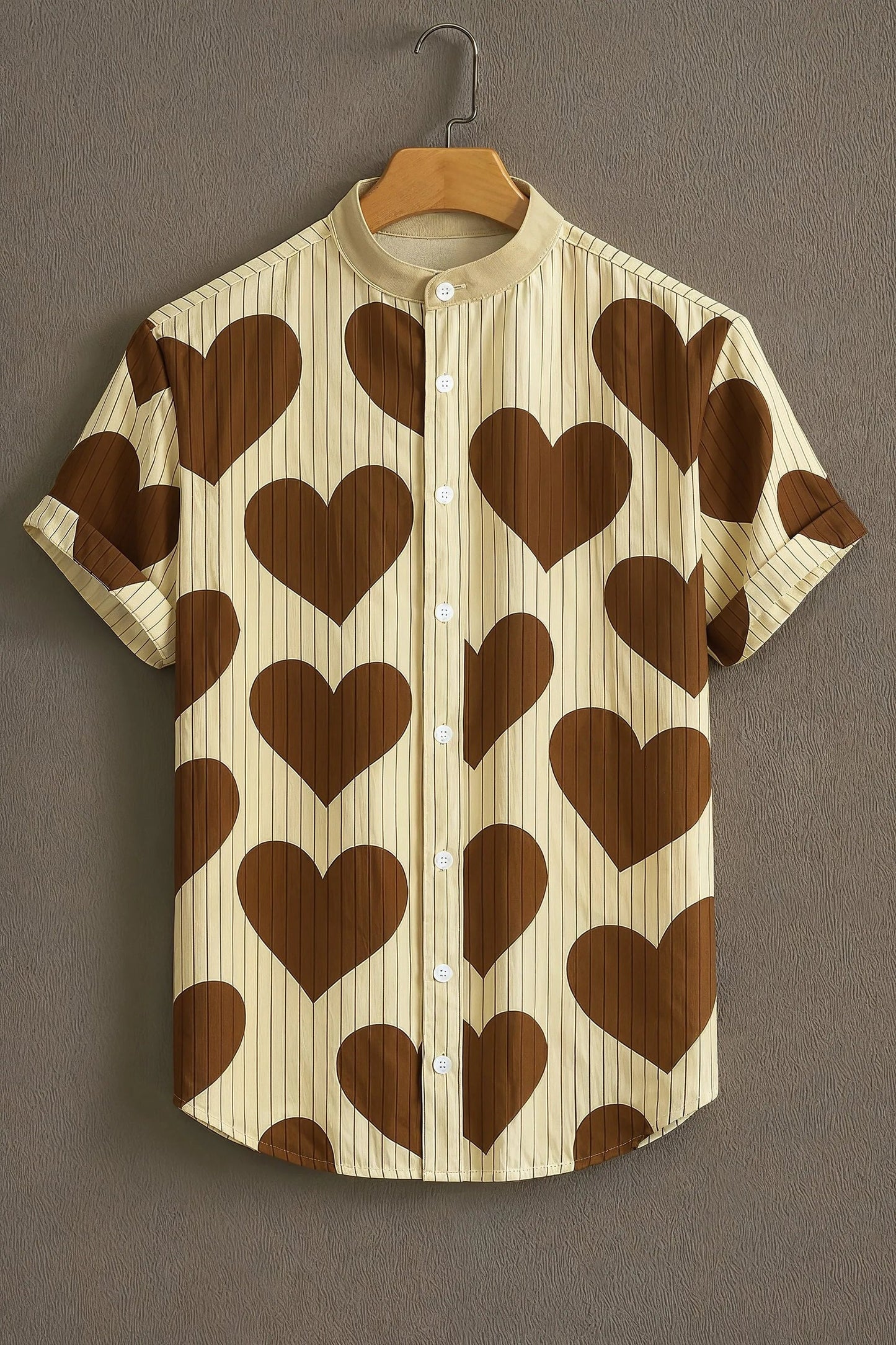 Men's Retro Heart Print Cotton Shirt – Mandarin Collar Short Sleeve Casual Wear
