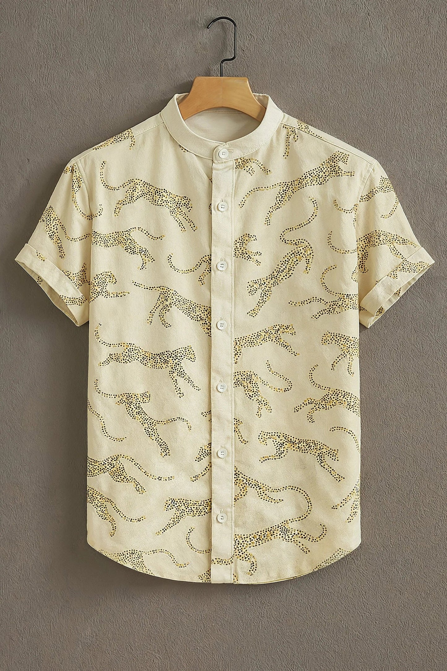 Men's Wild Leopard Print Cotton Shirt – Mandarin Collar Short Sleeve Casual Wear