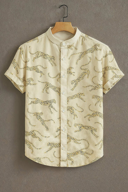 Men's Wild Leopard Print Cotton Shirt – Mandarin Collar Short Sleeve Casual Wear
