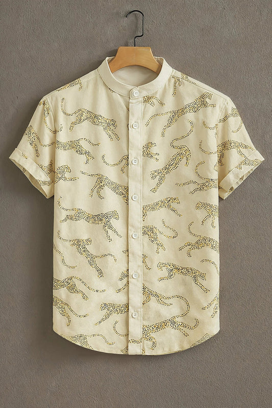Men's Wild Leopard Print Cotton Shirt – Mandarin Collar Short Sleeve Casual Wear
