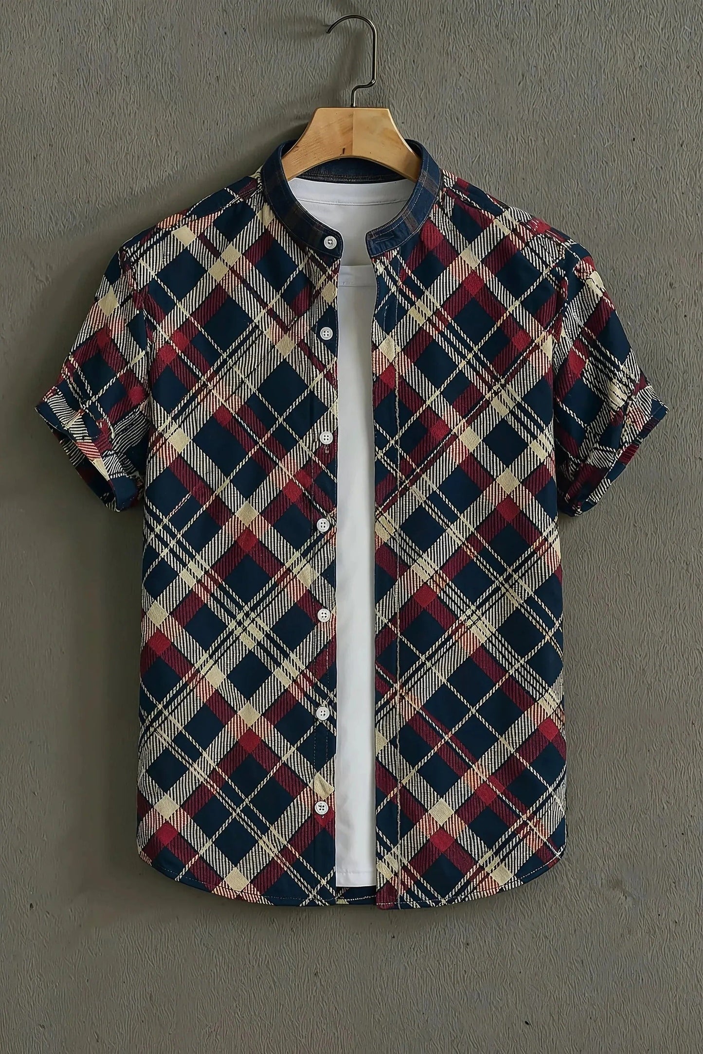 Men's Classic Plaid Check Print Cotton Shirt – Mandarin Collar Short Sleeve Casual Wear