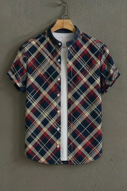 Men's Classic Plaid Check Print Cotton Shirt – Mandarin Collar Short Sleeve Casual Wear