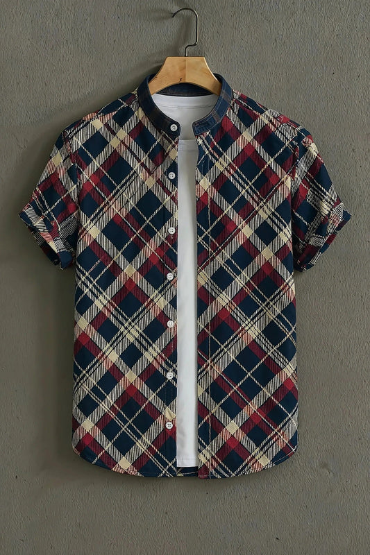Men's Classic Plaid Check Print Cotton Shirt – Mandarin Collar Short Sleeve Casual Wear