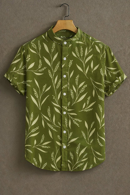 Men's Botanical Leaf Print Cotton Shirt – Mandarin Collar Short Sleeve Casual Wear