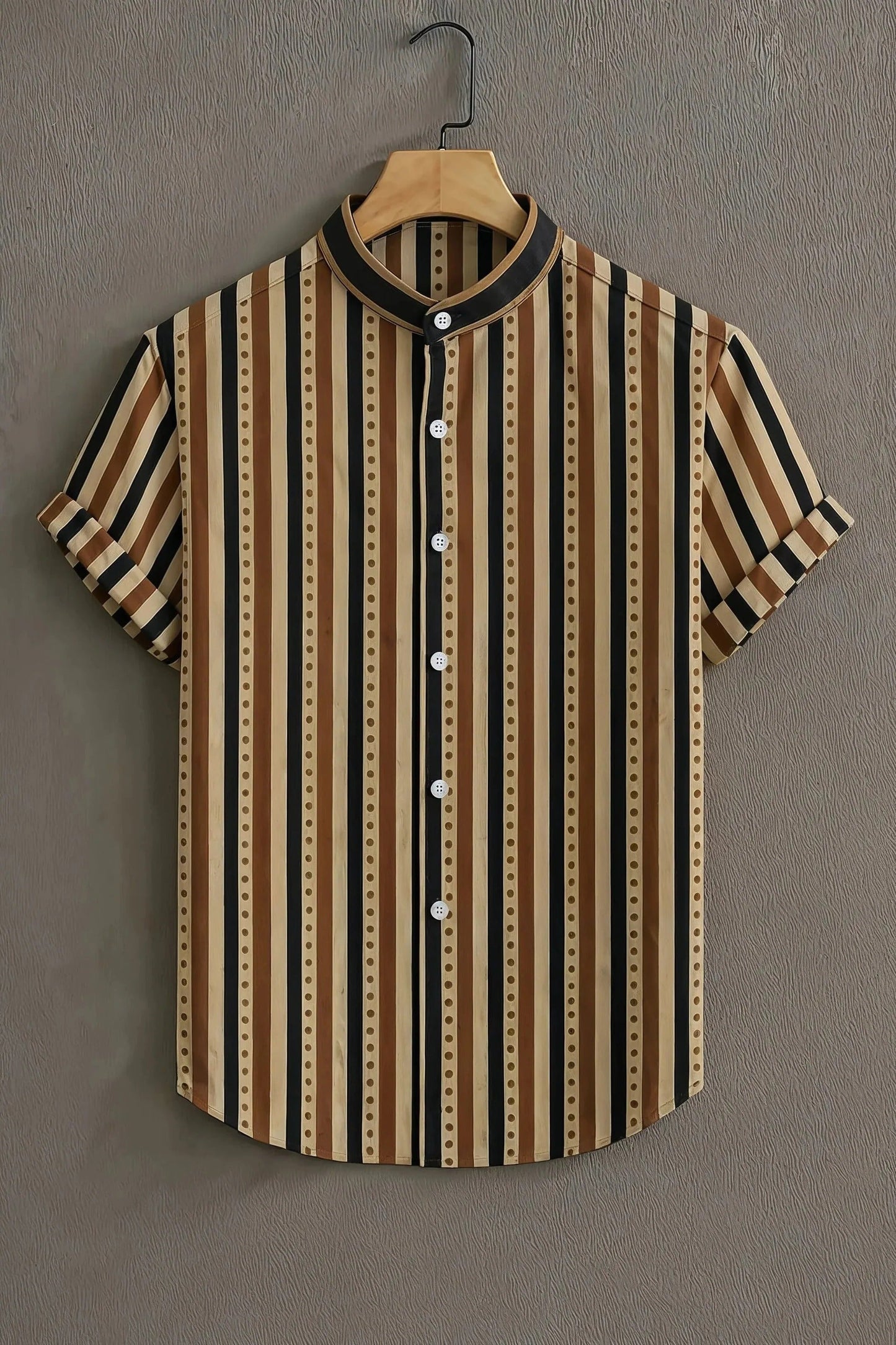 Men's Vintage Stripe Print Cotton Shirt – Mandarin Collar Short Sleeve Casual Wear