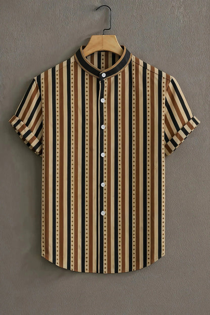 Men's Vintage Stripe Print Cotton Shirt – Mandarin Collar Short Sleeve Casual Wear
