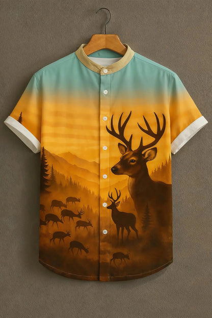 Men's Majestic Deer Wilderness Print Cotton Shirt – Mandarin Collar Short Sleeve Casual Wear