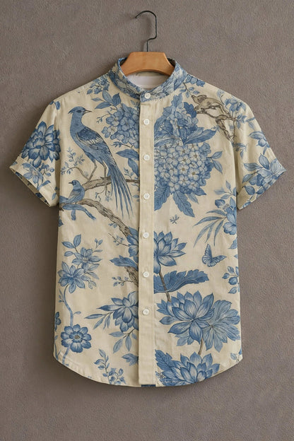 Men's Vintage Bluebird Floral Print Cotton Shirt – Mandarin Collar Short Sleeve Casual Wear