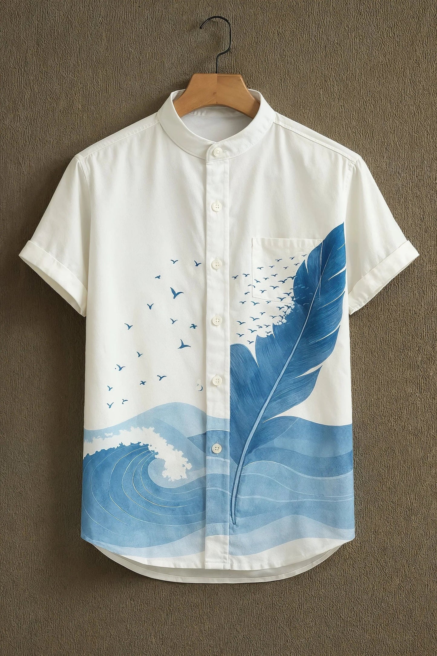 Men's Ocean Wave &amp; Feather Print Cotton Shirt – Mandarin Collar Short Sleeve Casual Wear