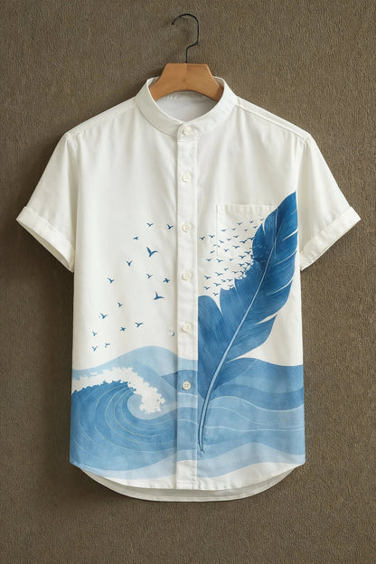 Men's Ocean Wave &amp; Feather Print Cotton Shirt – Mandarin Collar Short Sleeve Casual Wear