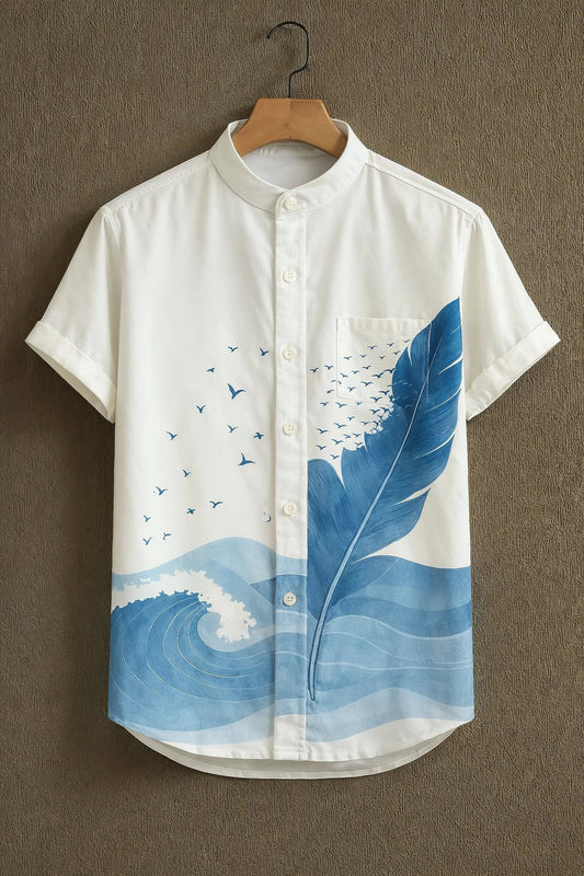 Men's Ocean Wave &amp; Feather Print Cotton Shirt – Mandarin Collar Short Sleeve Casual Wear