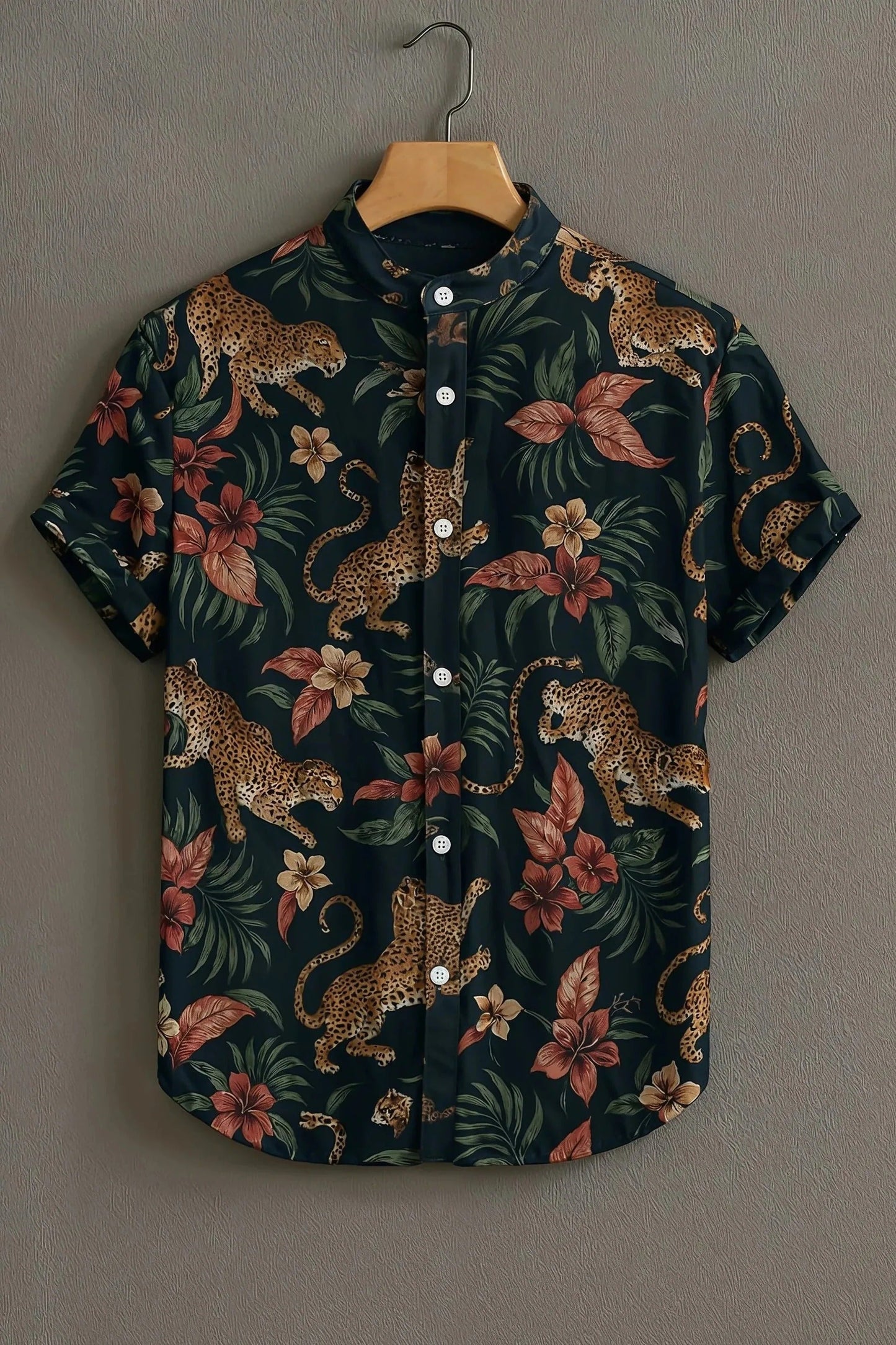 Men's Tropical Leopard Floral Print Cotton Shirt – Mandarin Collar Short Sleeve Casual Wear