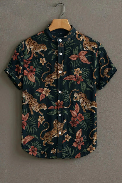 Men's Tropical Leopard Floral Print Cotton Shirt – Mandarin Collar Short Sleeve Casual Wear