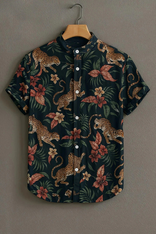 Men's Tropical Leopard Floral Print Cotton Shirt – Mandarin Collar Short Sleeve Casual Wear