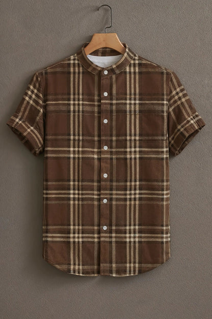 Men's Brown Plaid Check Cotton Shirt – Mandarin Collar Short Sleeve Casual Wear