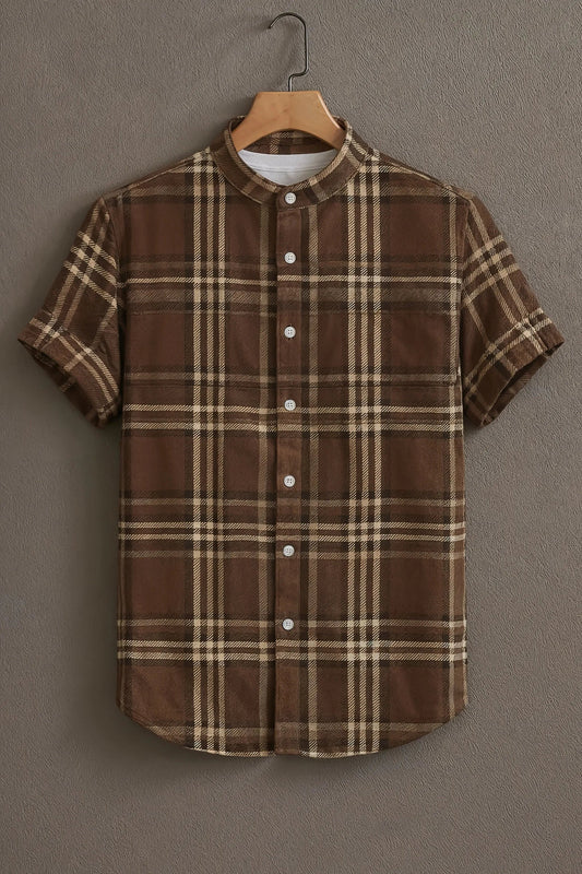 Men's Brown Plaid Check Cotton Shirt – Mandarin Collar Short Sleeve Casual Wear