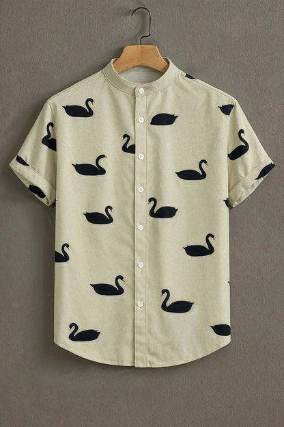 Men's Elegant Black Swan Print Cotton Shirt – Mandarin Collar Short Sleeve Casual Wear