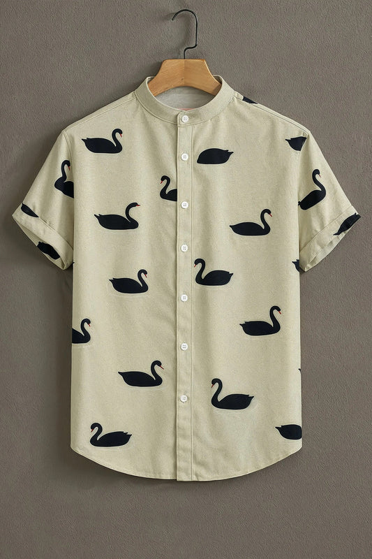 Men's Elegant Black Swan Print Cotton Shirt – Mandarin Collar Short Sleeve Casual Wear