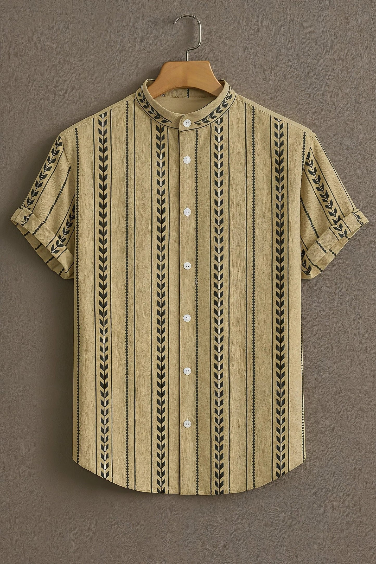 Men's Tribal Stripe Print Cotton Shirt – Mandarin Collar Short Sleeve Casual Wear