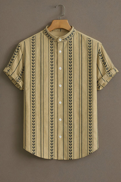 Men's Tribal Stripe Print Cotton Shirt – Mandarin Collar Short Sleeve Casual Wear