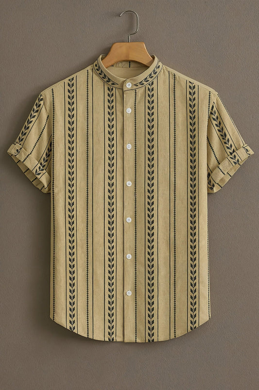 Men's Tribal Stripe Print Cotton Shirt – Mandarin Collar Short Sleeve Casual Wear