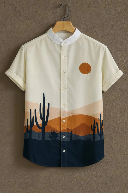 Men's Desert Sunset Cactus Print Cotton Shirt – Mandarin Collar Short Sleeve Casual Wear