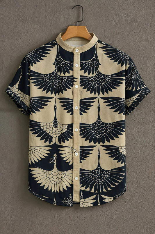Men's Elegant Crane Bird Print Cotton Shirt – Mandarin Collar Short Sleeve Casual Wear
