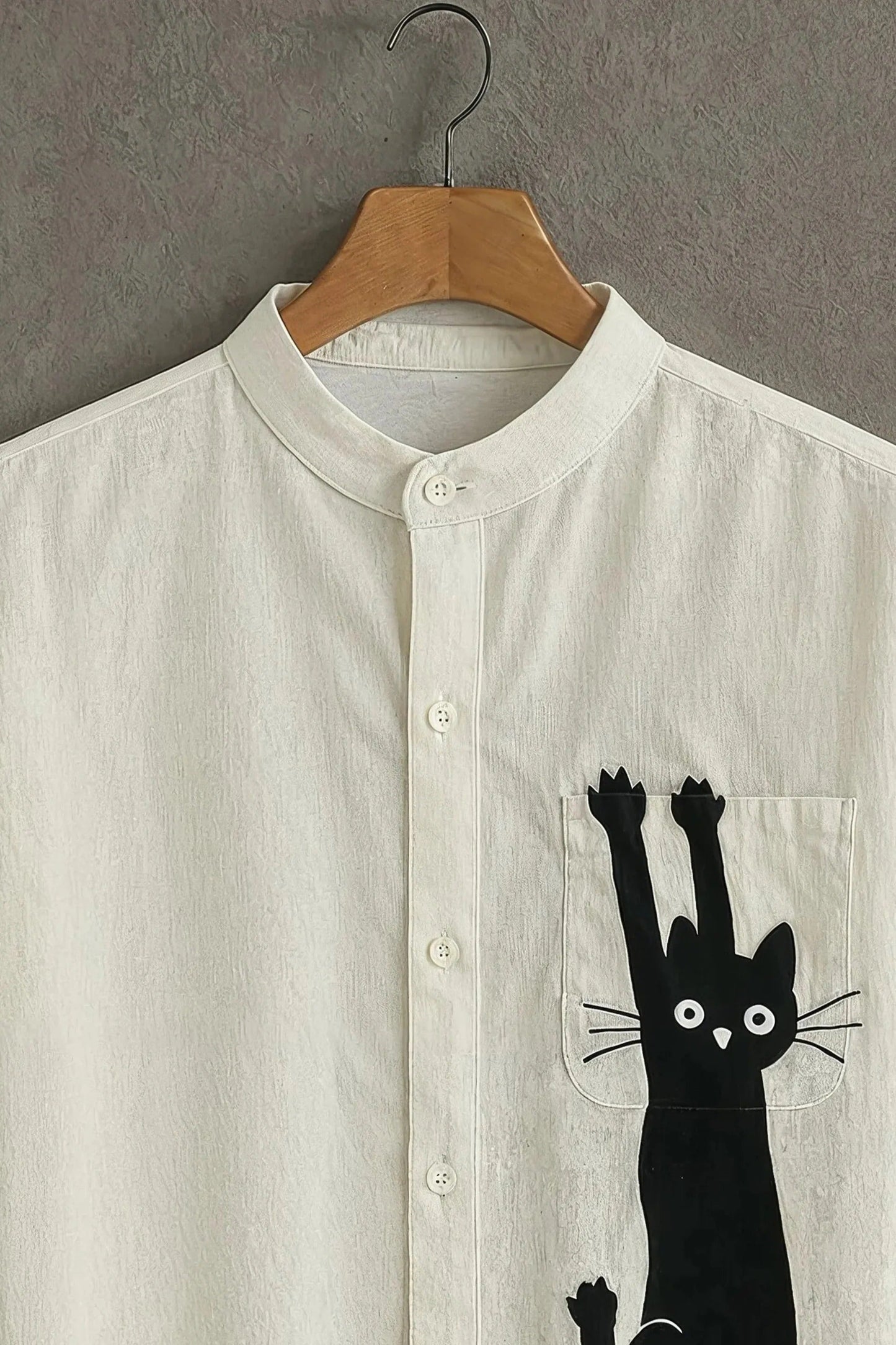 Men's Novelty Cat Print Cotton Shirt – Mandarin Collar Short Sleeve Casual Wear