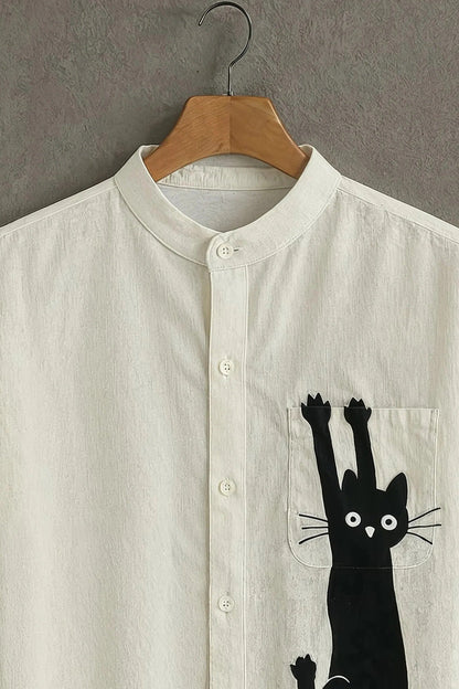 Men's Novelty Cat Print Cotton Shirt – Mandarin Collar Short Sleeve Casual Wear
