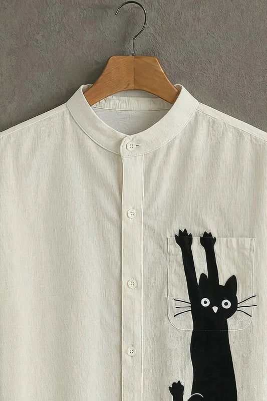 Men's Novelty Cat Print Cotton Shirt – Mandarin Collar Short Sleeve Casual Wear