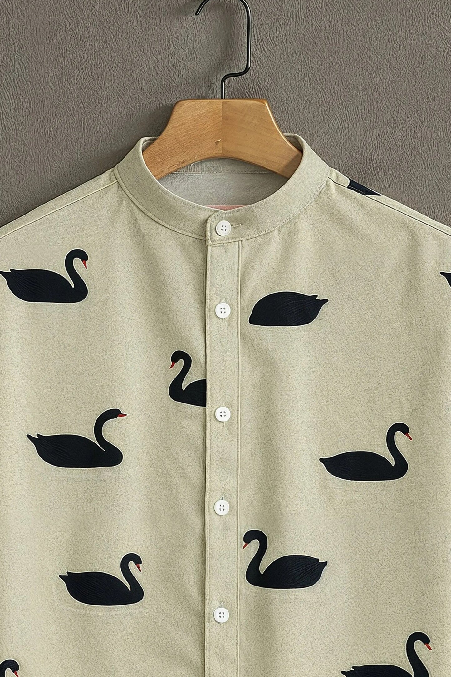 Men's Elegant Black Swan Print Cotton Shirt – Mandarin Collar Short Sleeve Casual Wear