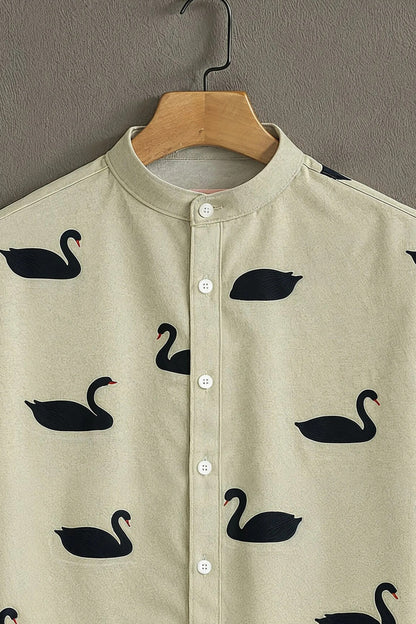 Men's Elegant Black Swan Print Cotton Shirt – Mandarin Collar Short Sleeve Casual Wear