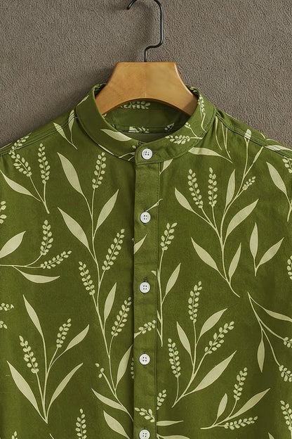 Men's Botanical Leaf Print Cotton Shirt – Mandarin Collar Short Sleeve Casual Wear