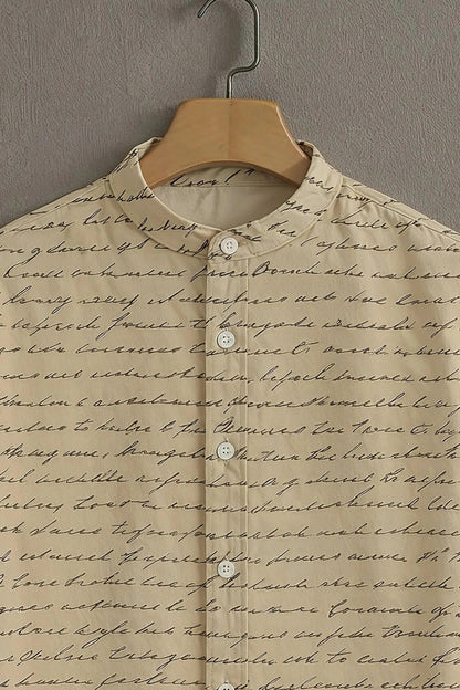 Men's Vintage Script Print Cotton Shirt – Mandarin Collar Short Sleeve Casual Wear