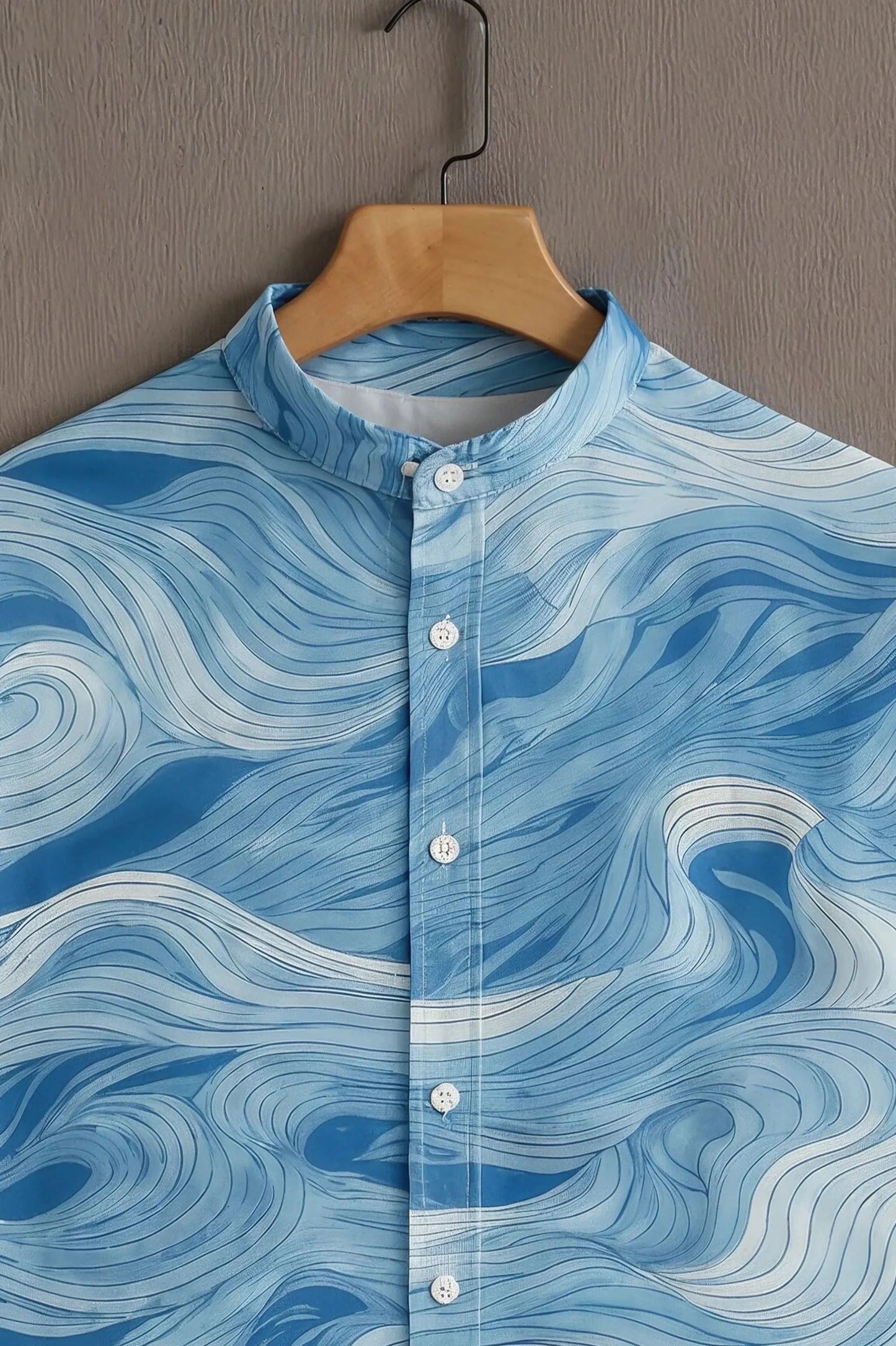 Men's Ocean Wave Print Cotton Shirt – Mandarin Collar Short Sleeve Casual Wear