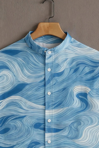 Men's Ocean Wave Print Cotton Shirt – Mandarin Collar Short Sleeve Casual Wear