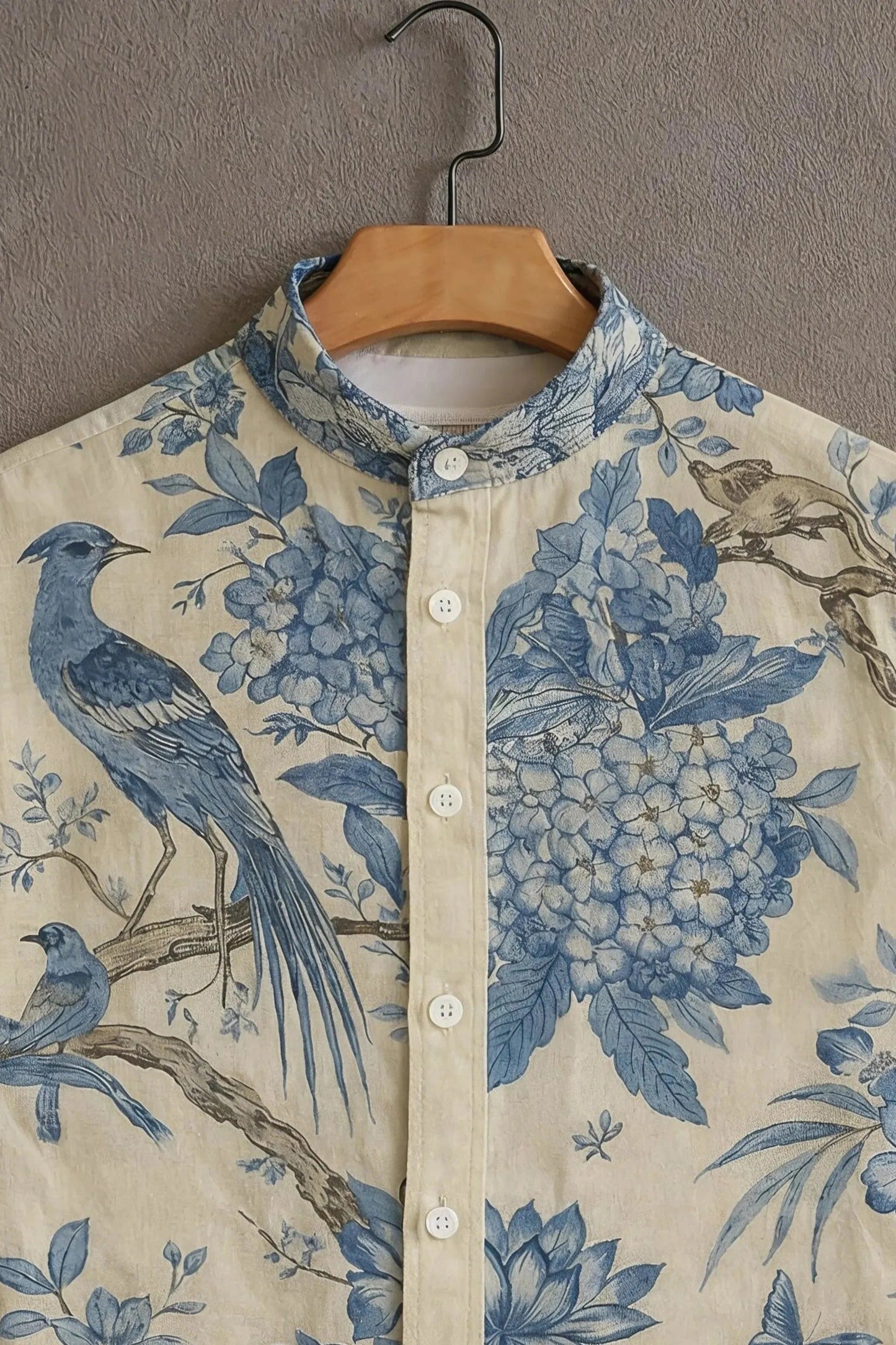 Men's Vintage Bluebird Floral Print Cotton Shirt – Mandarin Collar Short Sleeve Casual Wear